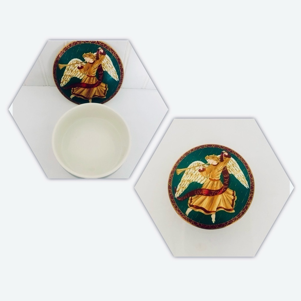 Vintage Wings of Joy Angel Lid Porcelain Trinket Jewelry Box “Peace Love Joy”